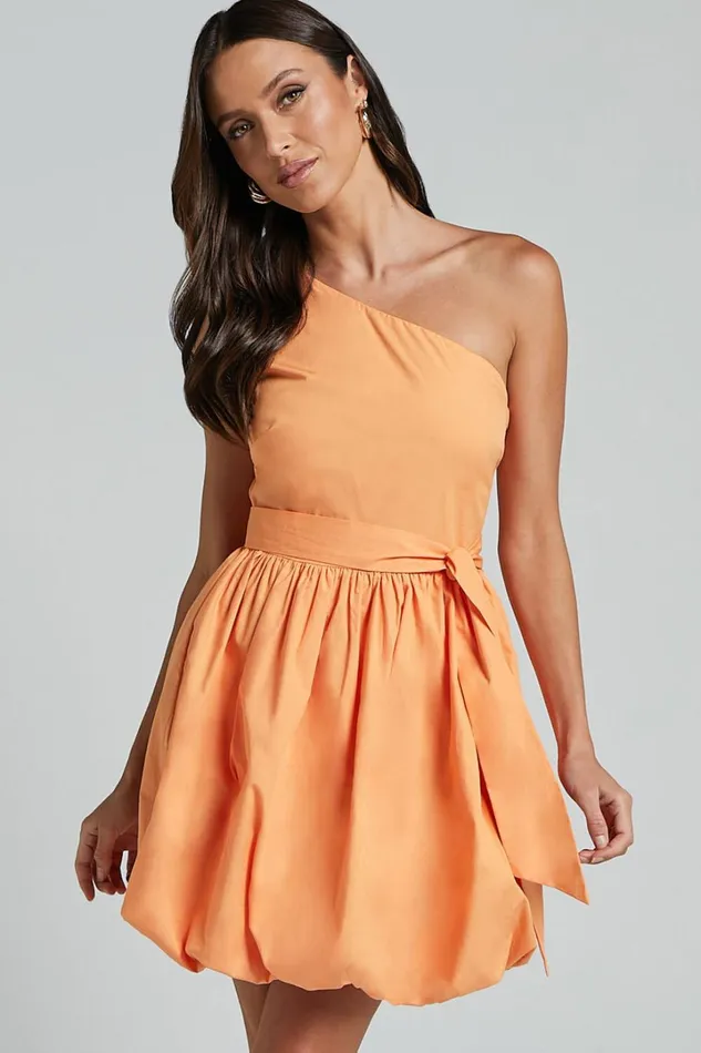 Jovette Mini Dress 8211 One Shoulder Tie Waist Bubble Hem Dress In Apricot Women Showpo Conscious