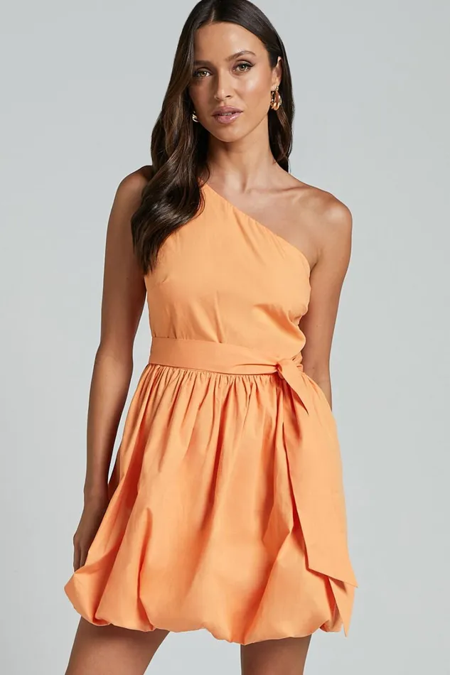 Jovette Mini Dress 8211 One Shoulder Tie Waist Bubble Hem Dress In Apricot Women Showpo Conscious