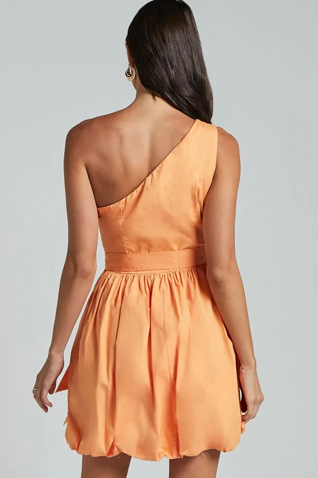 Jovette Mini Dress 8211 One Shoulder Tie Waist Bubble Hem Dress In Apricot Women Showpo Conscious