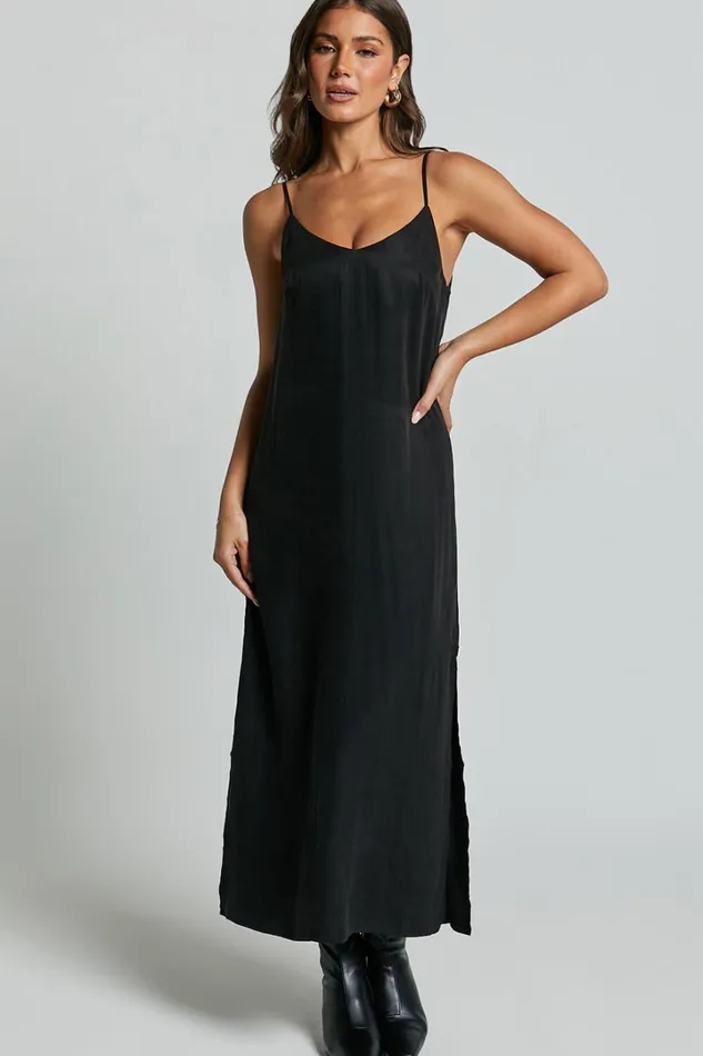 Kaeshia Midi Dress 8211 Strappy V Neck Cupro Slip Dress In Black Women Showpo Dresses