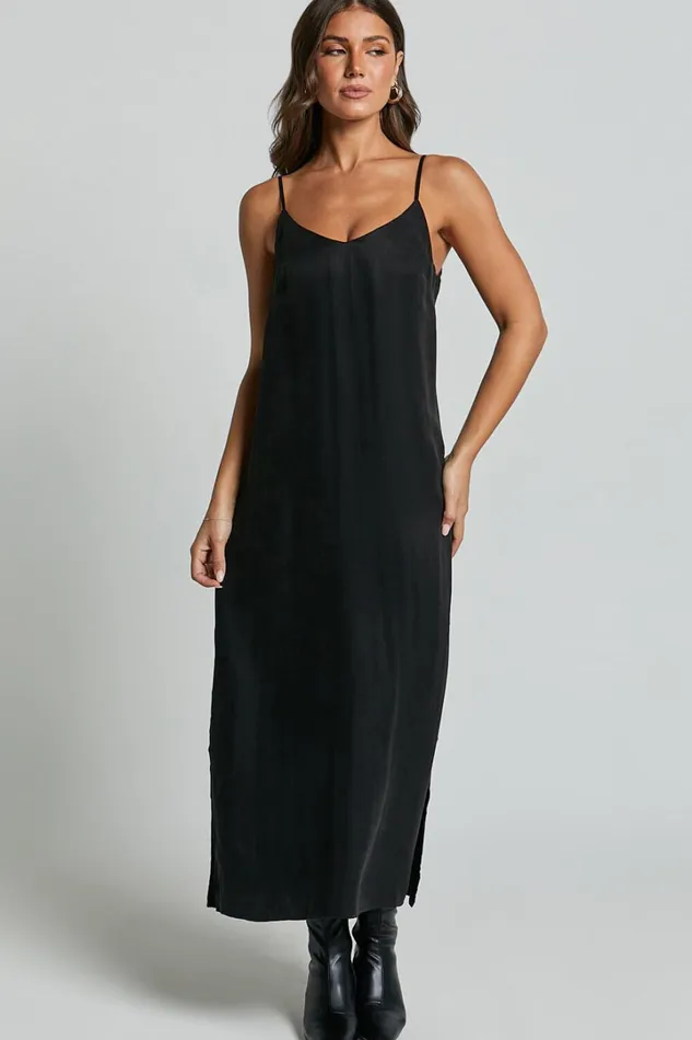 Kaeshia Midi Dress 8211 Strappy V Neck Cupro Slip Dress In Black Women Showpo Dresses
