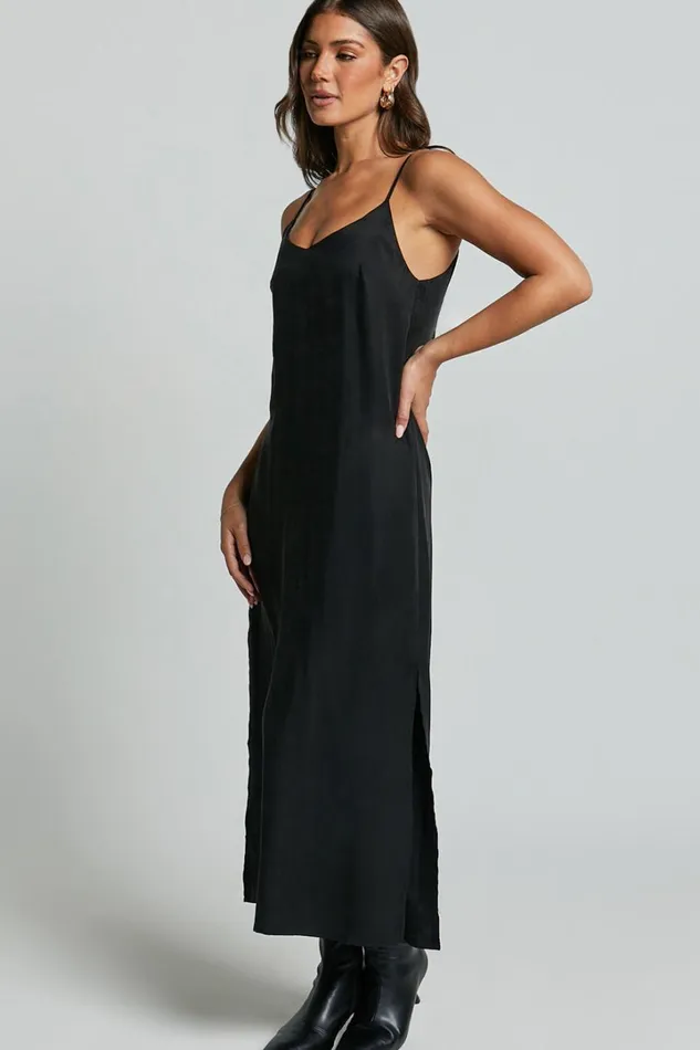Kaeshia Midi Dress 8211 Strappy V Neck Cupro Slip Dress In Black Women Showpo Dresses