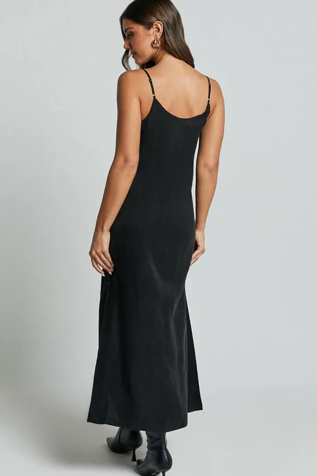 Kaeshia Midi Dress 8211 Strappy V Neck Cupro Slip Dress In Black Women Showpo Dresses