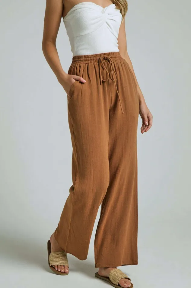 Kala Pants 8211 Mid Waisted Relaxed Elastic Waist Pants In Tobacco Women Showpo Curve Clothes