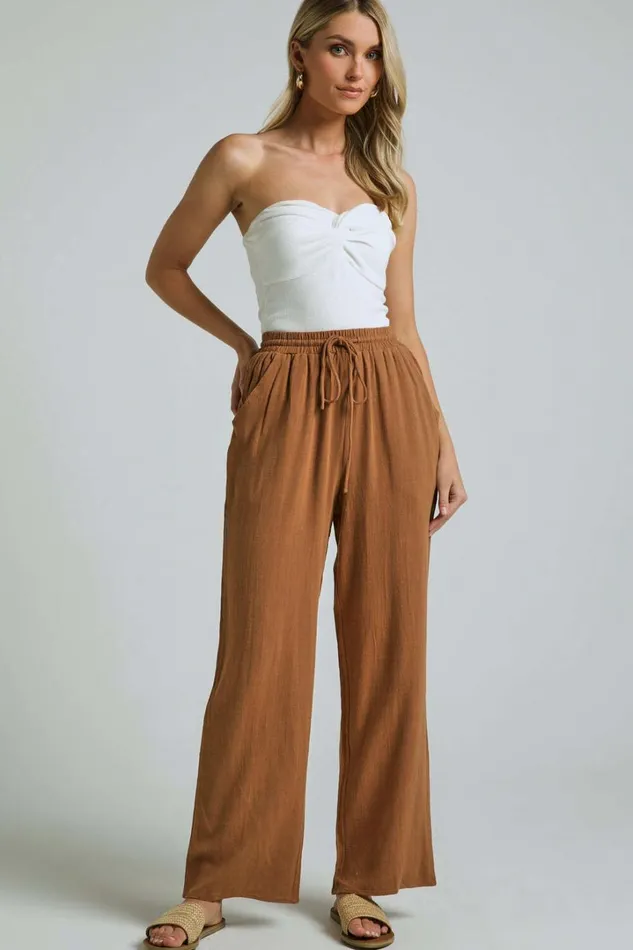 Kala Pants 8211 Mid Waisted Relaxed Elastic Waist Pants In Tobacco Women Showpo Curve Clothes