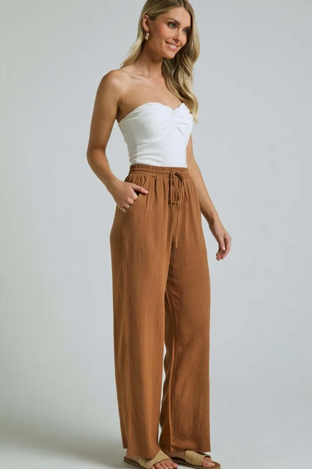 Kala Pants 8211 Mid Waisted Relaxed Elastic Waist Pants In Tobacco Women Showpo Curve Clothes