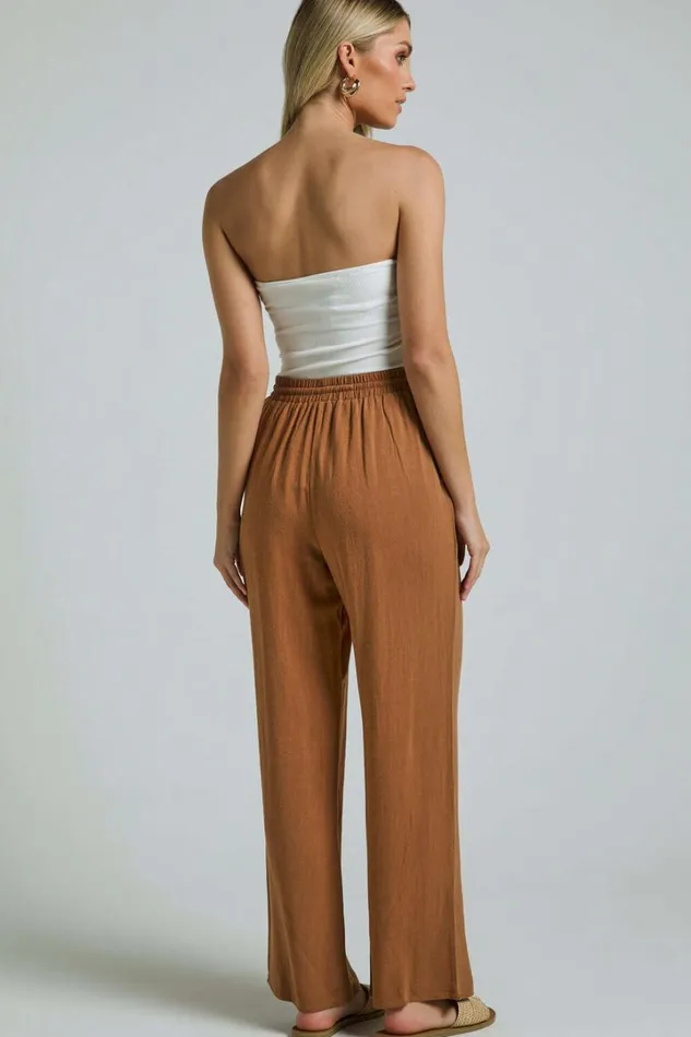 Kala Pants 8211 Mid Waisted Relaxed Elastic Waist Pants In Tobacco Women Showpo Curve Clothes
