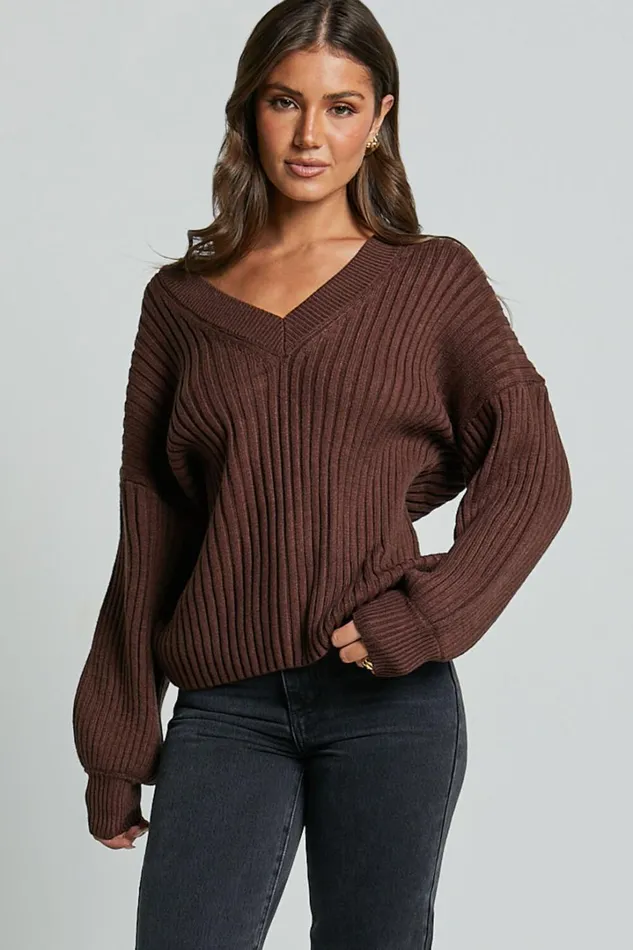Kartia Jumper 8211 V Neck Jumper In Chocolate Women Showpo Sweaters and Cardigans