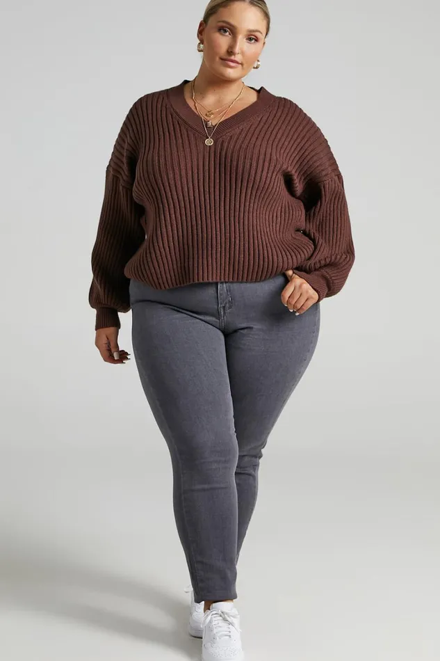 Kartia Jumper 8211 V Neck Jumper In Chocolate Women Showpo Sweaters and Cardigans