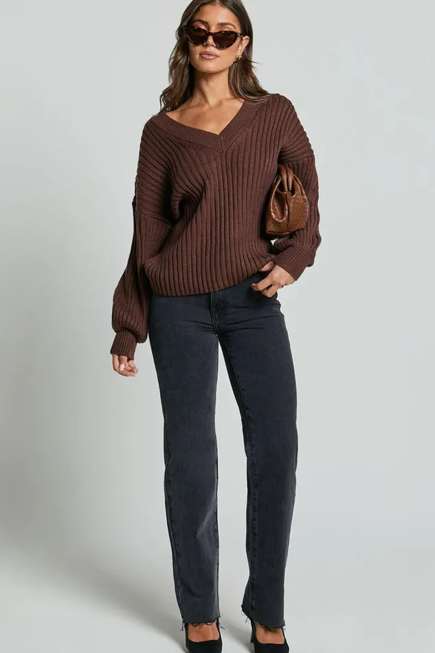 Kartia Jumper 8211 V Neck Jumper In Chocolate Women Showpo Sweaters and Cardigans