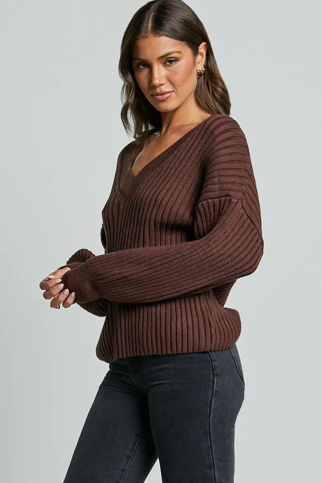 Kartia Jumper 8211 V Neck Jumper In Chocolate Women Showpo Sweaters and Cardigans