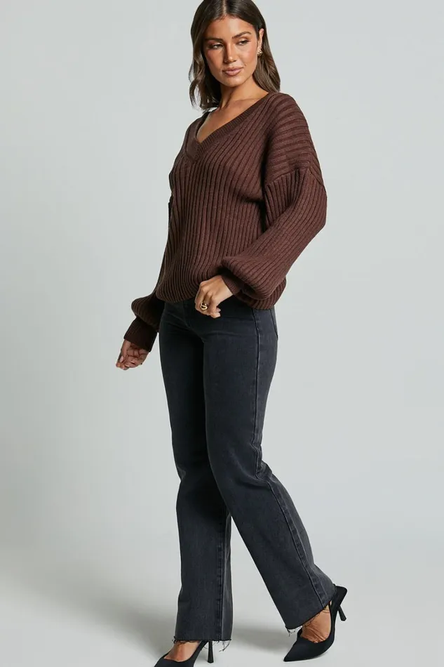 Kartia Jumper 8211 V Neck Jumper In Chocolate Women Showpo Sweaters and Cardigans