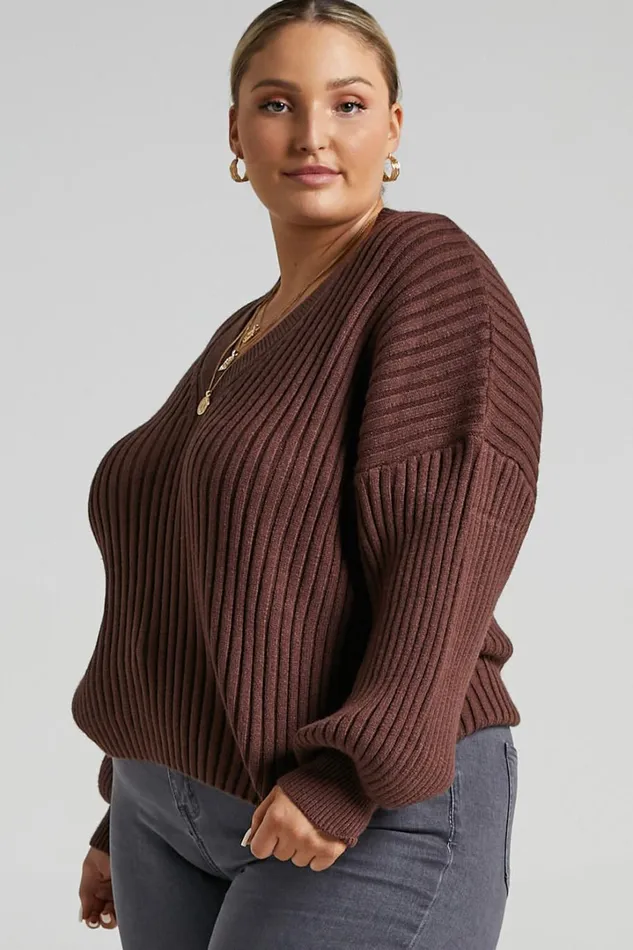 Kartia Jumper 8211 V Neck Jumper In Chocolate Women Showpo Sweaters and Cardigans
