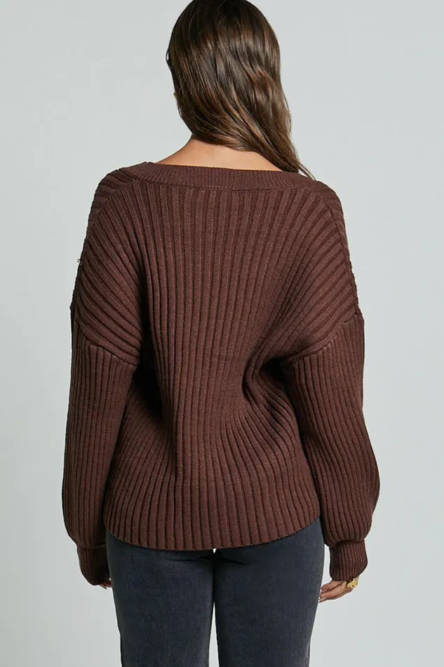 Kartia Jumper 8211 V Neck Jumper In Chocolate Women Showpo Sweaters and Cardigans