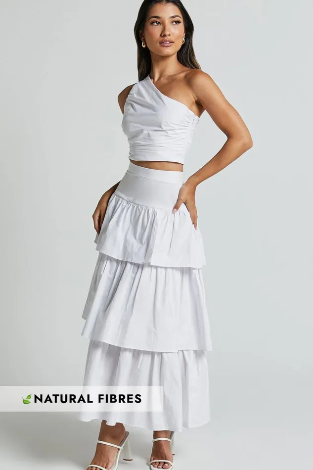 Kaycie Two Piece Set 8211 One Shoulder Asymmetrical Ruched Top And Tiered Midi Skirt Set In White Women Showpo Dresses Kaycie Two Piece Set 8211 One Shoulder Asymmetrical Ruched Top And Tiered Midi Skirt Set In White Women Showpo Dresses