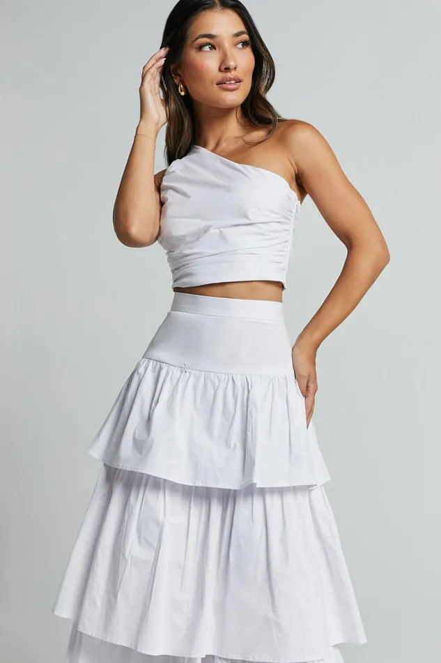 Kaycie Two Piece Set 8211 One Shoulder Asymmetrical Ruched Top And Tiered Midi Skirt Set In White Women Showpo Dresses