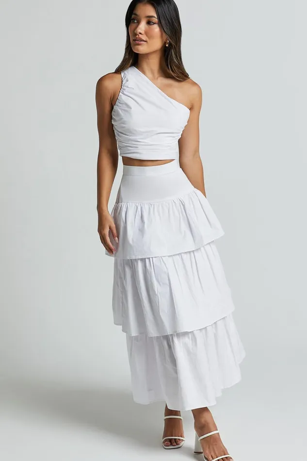 Kaycie Two Piece Set 8211 One Shoulder Asymmetrical Ruched Top And Tiered Midi Skirt Set In White Women Showpo Dresses