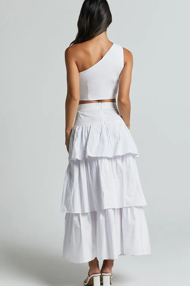 Kaycie Two Piece Set 8211 One Shoulder Asymmetrical Ruched Top And Tiered Midi Skirt Set In White Women Showpo Dresses