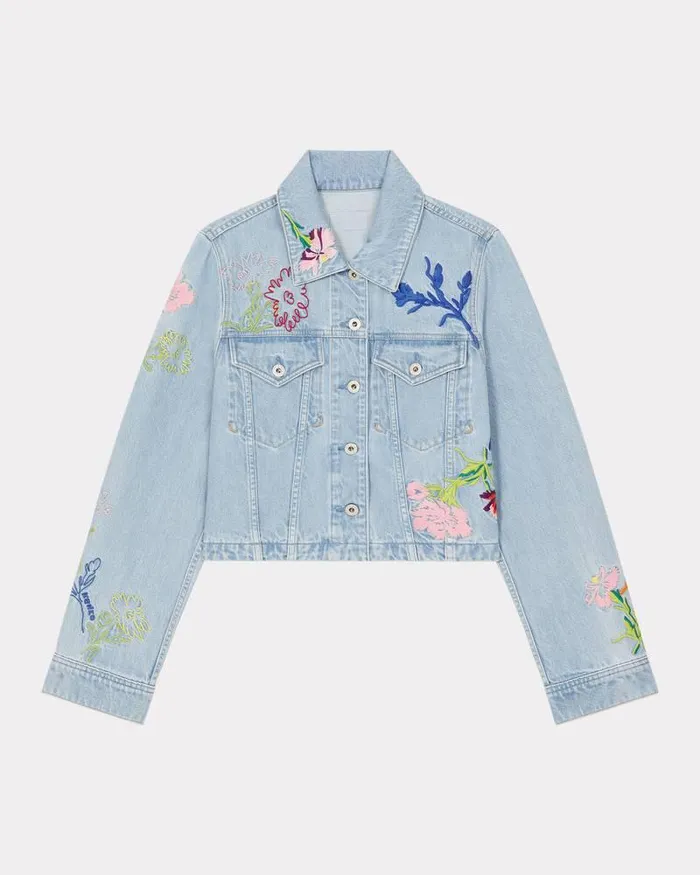 Kenzo Jackets And Coats Women Drawn Flowers039 Embroidered Trucker Jacket Stone Bleached Blue Denim