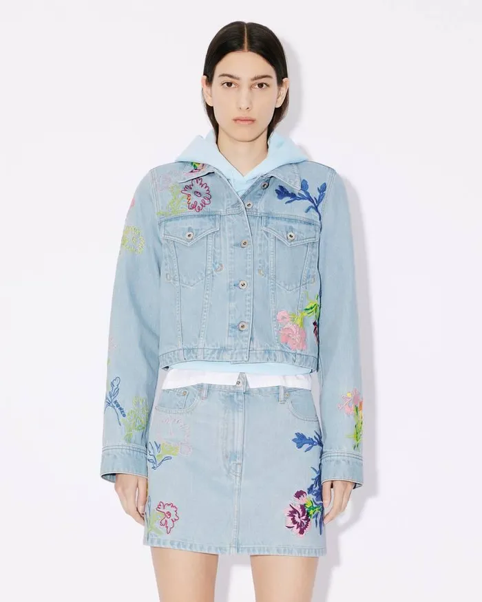 Kenzo Jackets And Coats Women Drawn Flowers039 Embroidered Trucker Jacket Stone Bleached Blue Denim