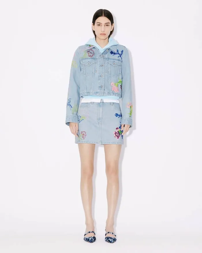 Kenzo Jackets And Coats Women Drawn Flowers039 Embroidered Trucker Jacket Stone Bleached Blue Denim