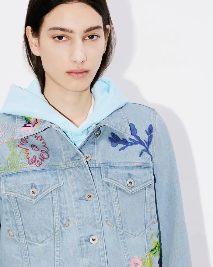Kenzo Jackets And Coats Women Drawn Flowers039 Embroidered Trucker Jacket Stone Bleached Blue Denim