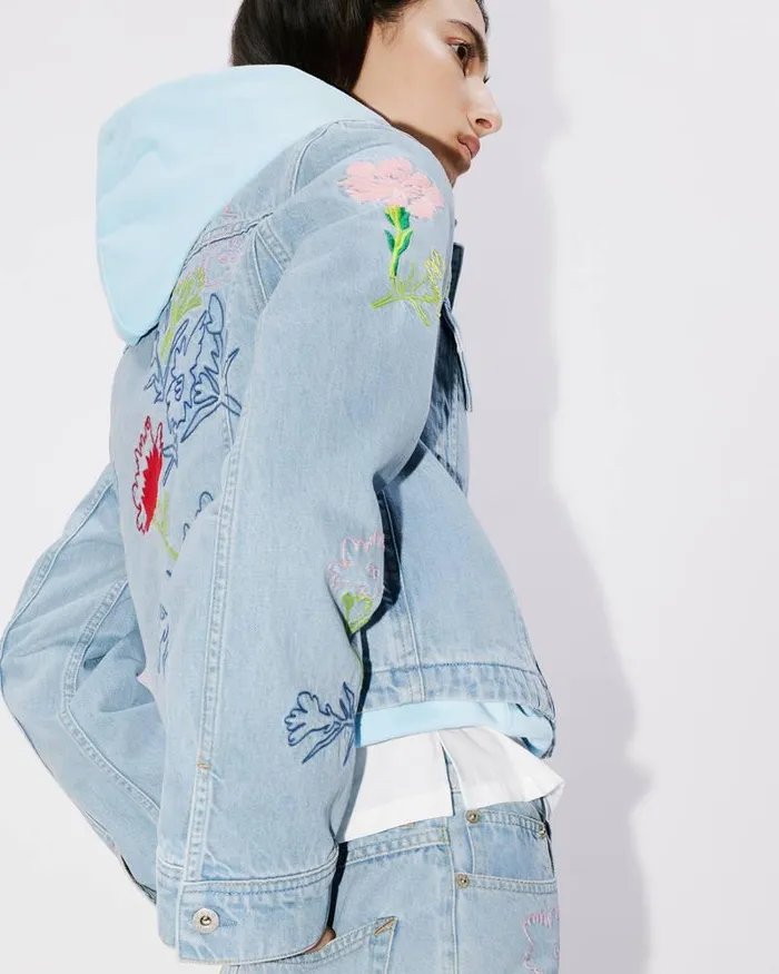 Kenzo Jackets And Coats Women Drawn Flowers039 Embroidered Trucker Jacket Stone Bleached Blue Denim