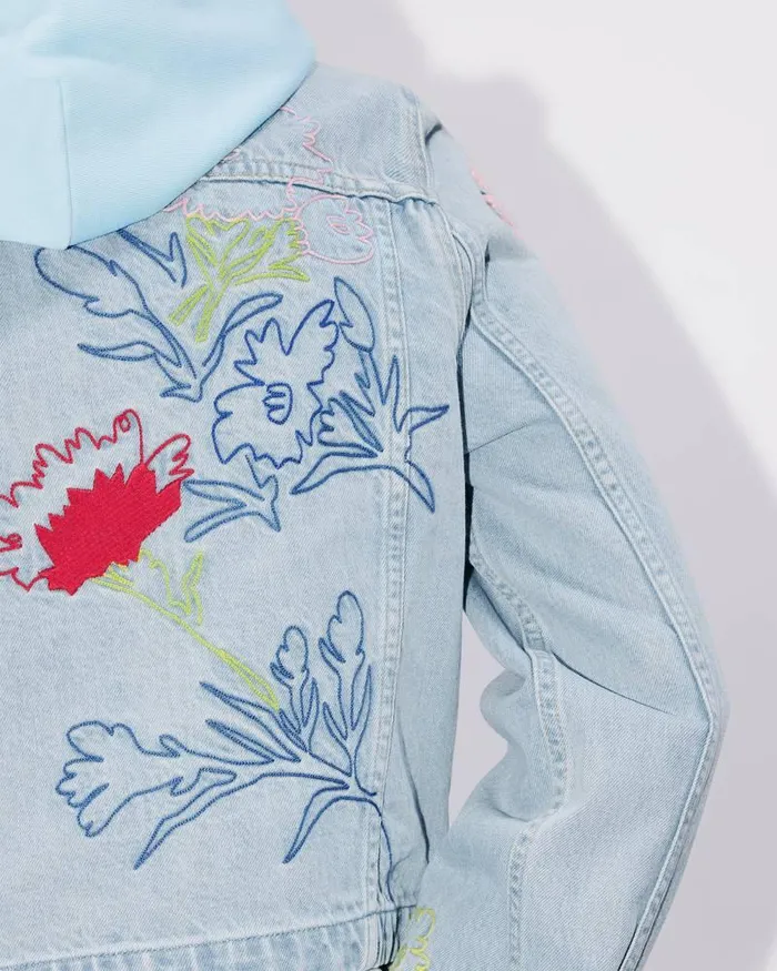 Kenzo Jackets And Coats Women Drawn Flowers039 Embroidered Trucker Jacket Stone Bleached Blue Denim