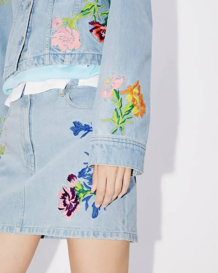 Kenzo Jackets And Coats Women Drawn Flowers039 Embroidered Trucker Jacket Stone Bleached Blue Denim