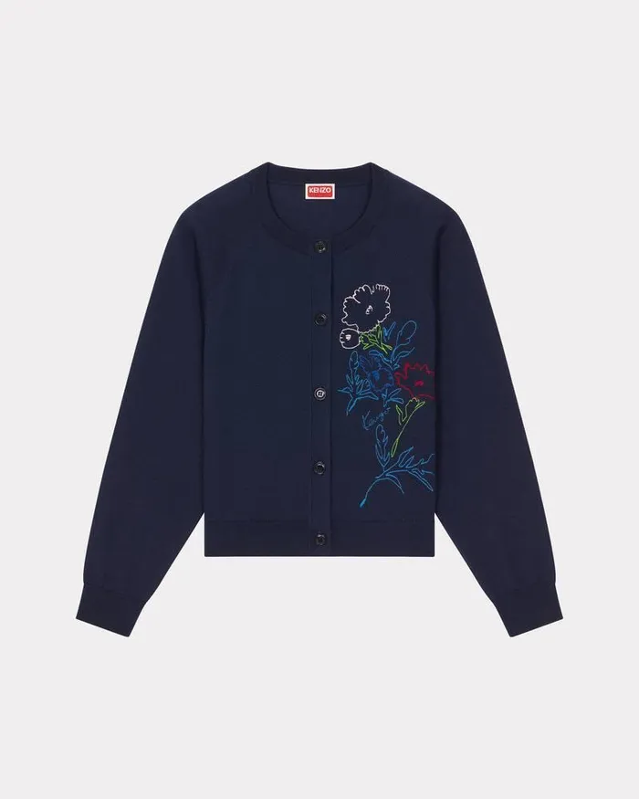 Kenzo Knitwear Women Drawn Flowers039 Embroidered Cardigan Midnight Blue