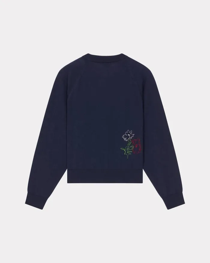 Kenzo Knitwear Women Drawn Flowers039 Embroidered Cardigan Midnight Blue