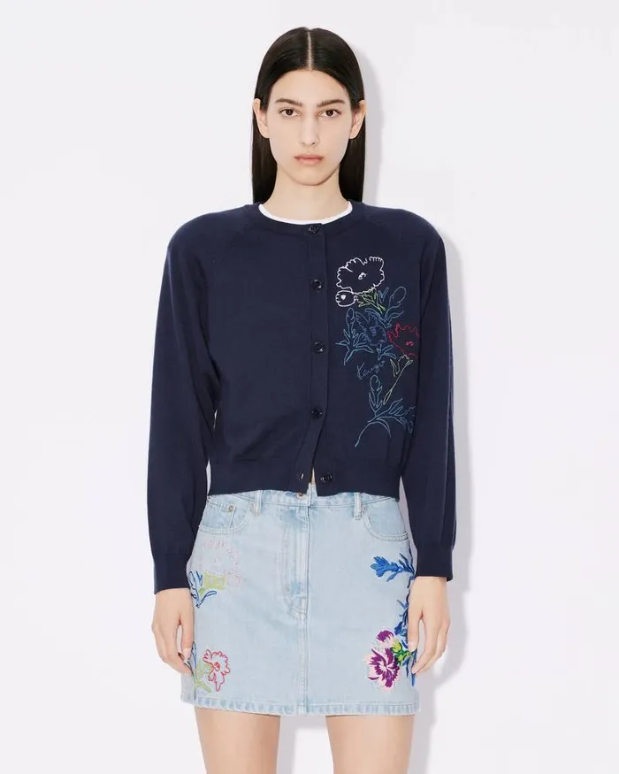 Kenzo Knitwear Women Drawn Flowers039 Embroidered Cardigan Midnight Blue