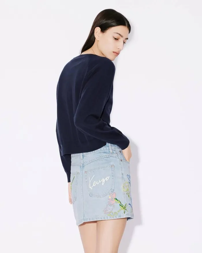 Kenzo Knitwear Women Drawn Flowers039 Embroidered Cardigan Midnight Blue
