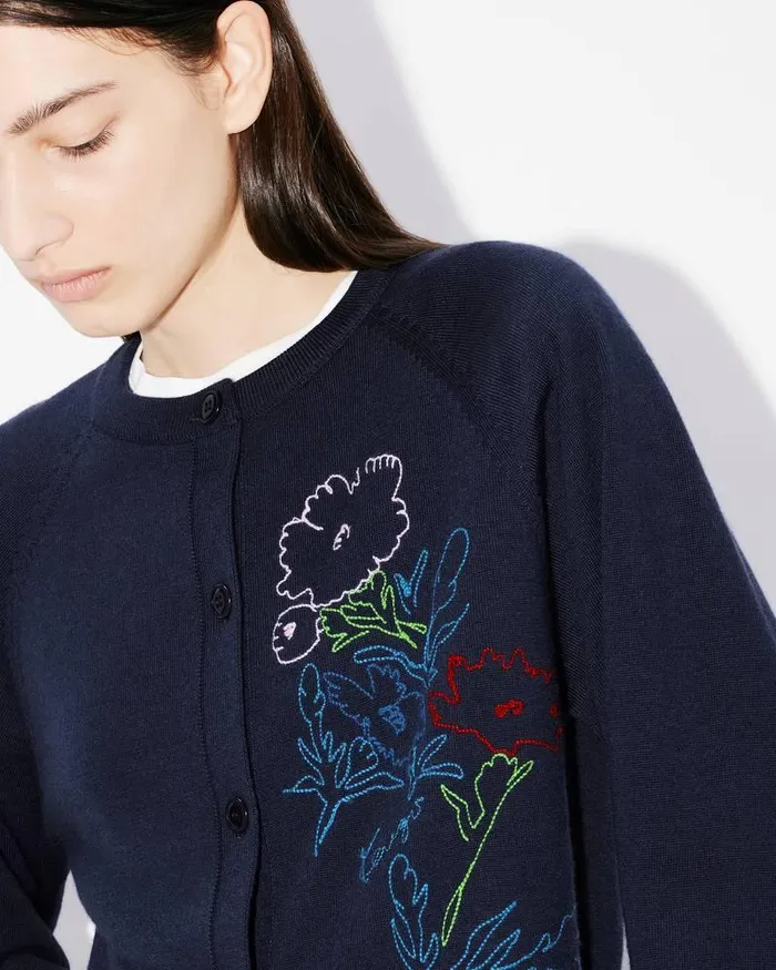 Kenzo Knitwear Women Drawn Flowers039 Embroidered Cardigan Midnight Blue
