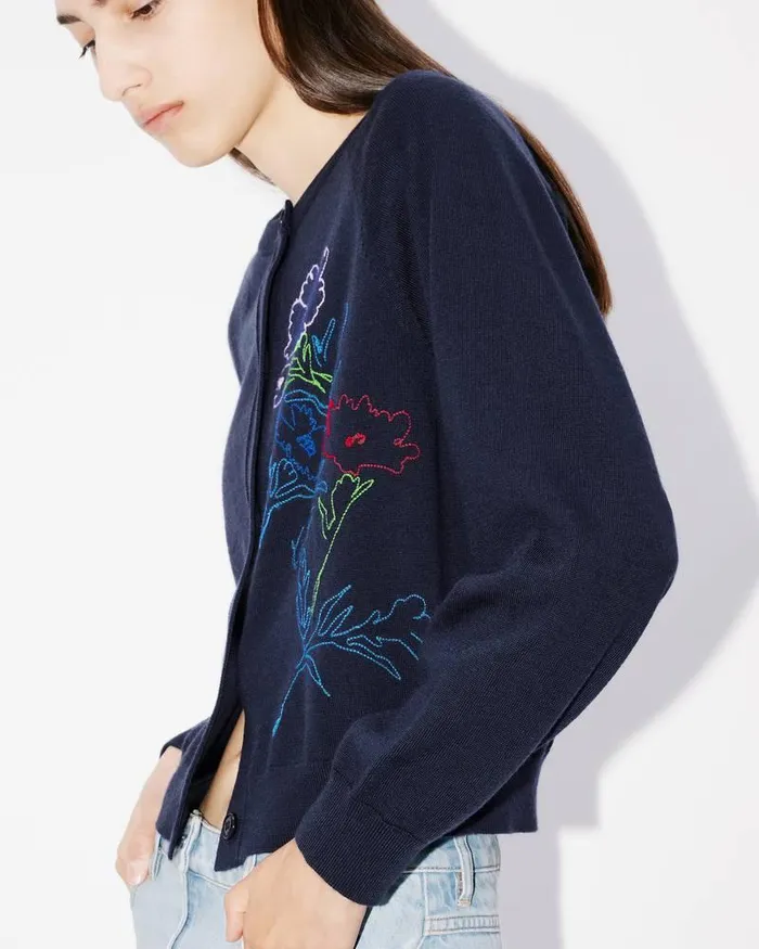 Kenzo Knitwear Women Drawn Flowers039 Embroidered Cardigan Midnight Blue