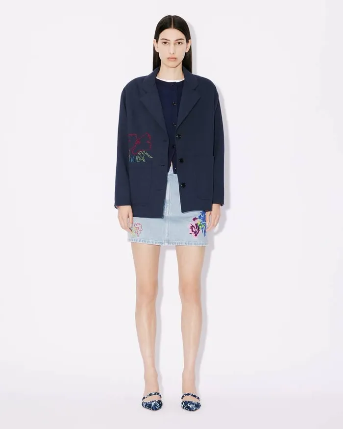 Kenzo Knitwear Women Drawn Flowers039 Embroidered Cardigan Midnight Blue