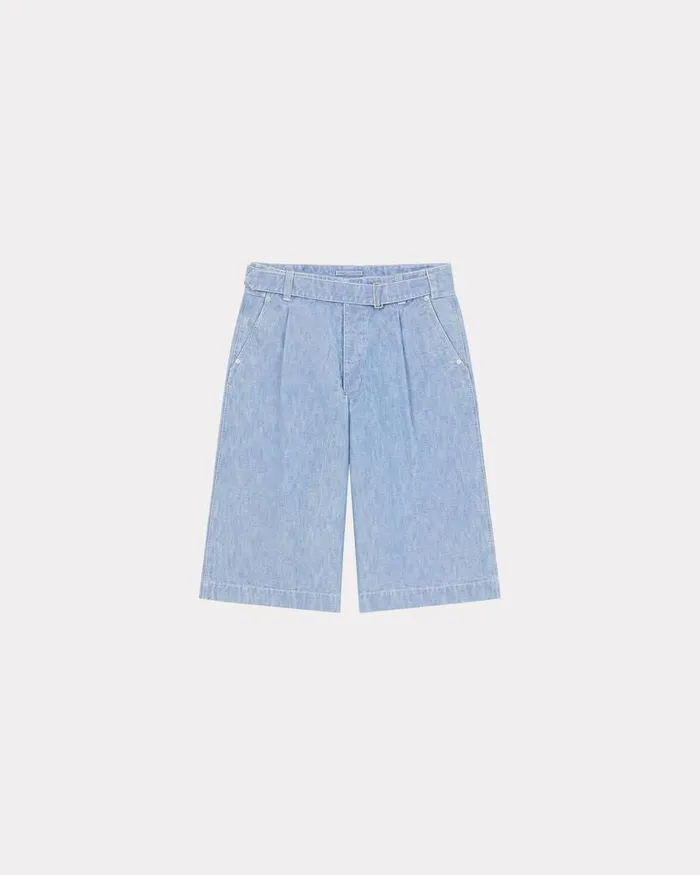 Kenzo Pants And Shorts Men Denim Military Short Trousers Stone Bleached Blue Denim
