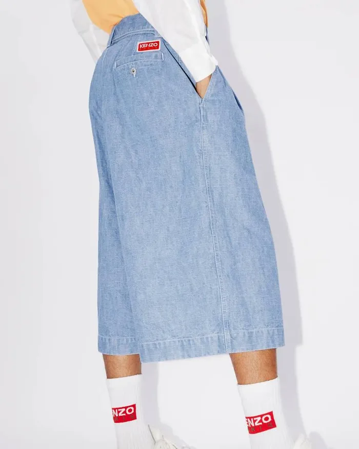 Kenzo Pants And Shorts Men Denim Military Short Trousers Stone Bleached Blue Denim