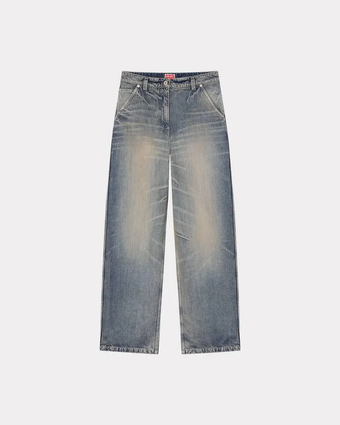 Kenzo Pants And Shorts Women Japanese Denim Baggy Trousers Stone Bl Dirty Blue Denim