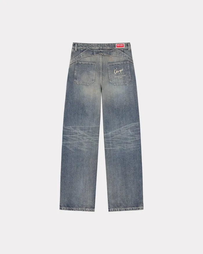 Kenzo Pants And Shorts Women Japanese Denim Baggy Trousers Stone Bl Dirty Blue Denim