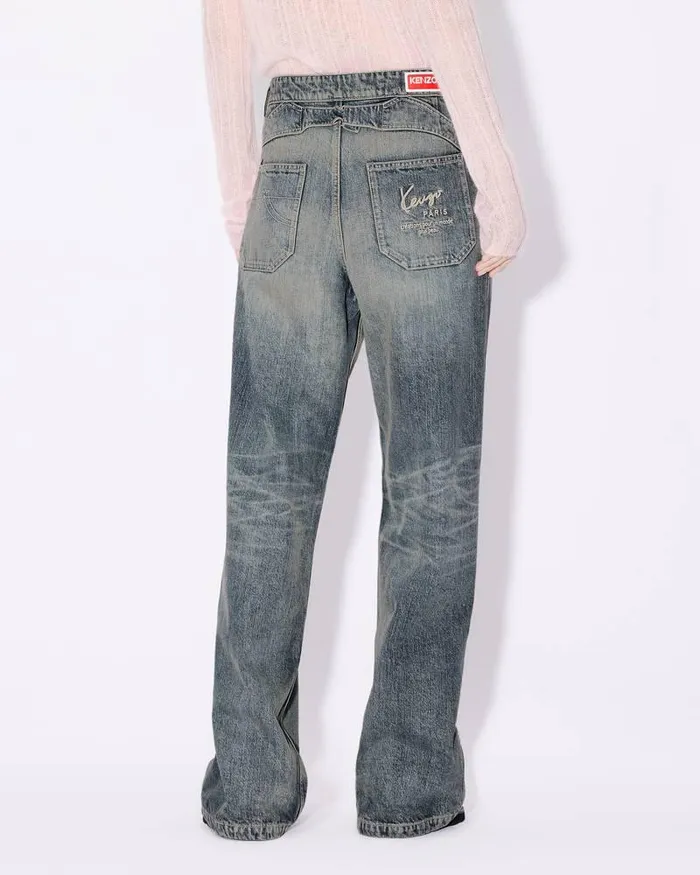 Kenzo Pants And Shorts Women Japanese Denim Baggy Trousers Stone Bl Dirty Blue Denim