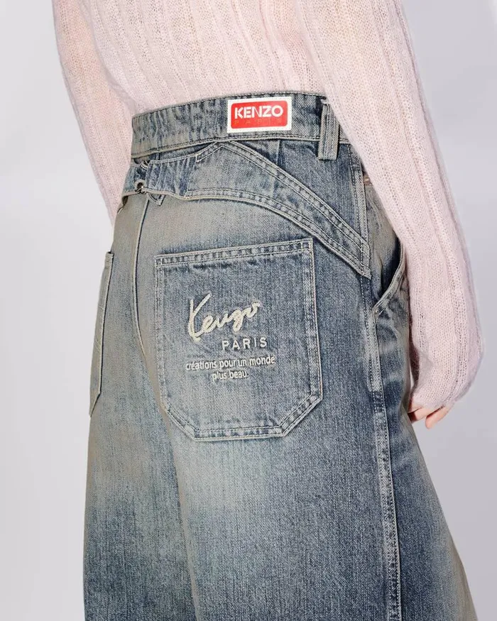 Kenzo Pants And Shorts Women Japanese Denim Baggy Trousers Stone Bl Dirty Blue Denim