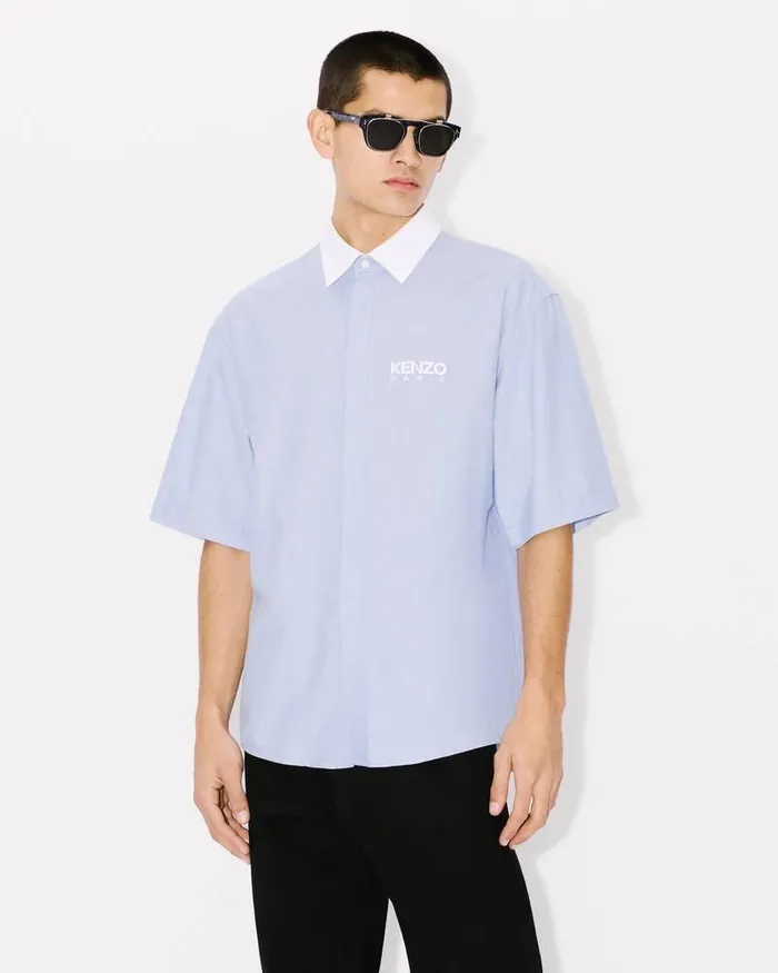 Kenzo Shirts Men Stripes Short Sleeve Shirt Sky Blue