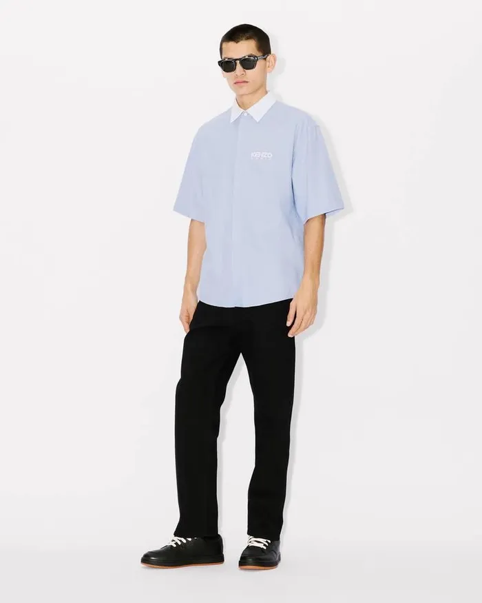 Kenzo Shirts Men Stripes Short Sleeve Shirt Sky Blue