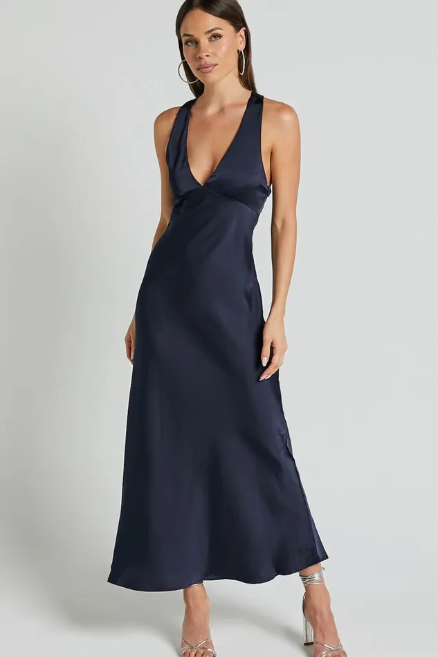 Khalani Midi Dress 8211 Deep V Neck Satin Slip Dress In Navy Women Showpo Curve Clothes