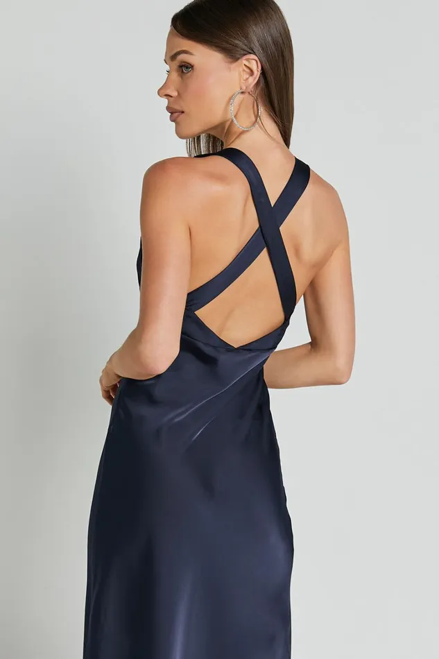 Khalani Midi Dress 8211 Deep V Neck Satin Slip Dress In Navy Women Showpo Curve Clothes