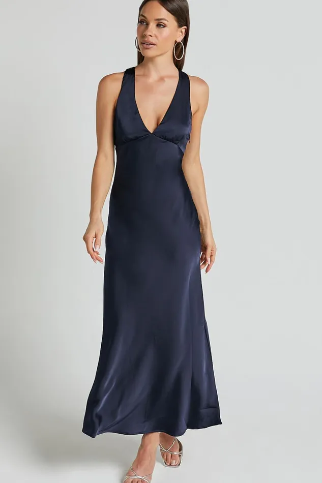 Khalani Midi Dress 8211 Deep V Neck Satin Slip Dress In Navy Women Showpo Curve Clothes