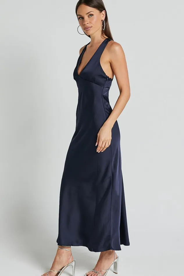 Khalani Midi Dress 8211 Deep V Neck Satin Slip Dress In Navy Women Showpo Curve Clothes