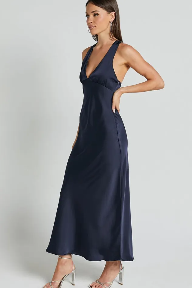 Khalani Midi Dress 8211 Deep V Neck Satin Slip Dress In Navy Women Showpo Curve Clothes