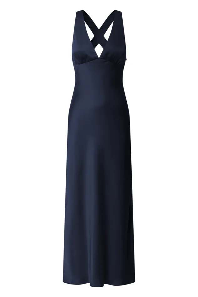 Khalani Midi Dress 8211 Deep V Neck Satin Slip Dress In Navy Women Showpo Curve Clothes